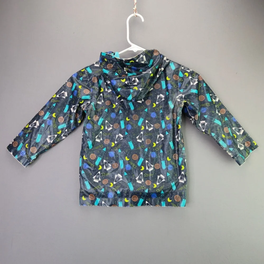 Cat & Jack Rain Jacket Space Rocket Ship 3T Blue Hooded Windbreaker Lined Pocket